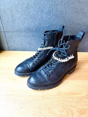 Jimmy Choo Black Leather Lace-Up Combat Boots with Pearl Chain Detail